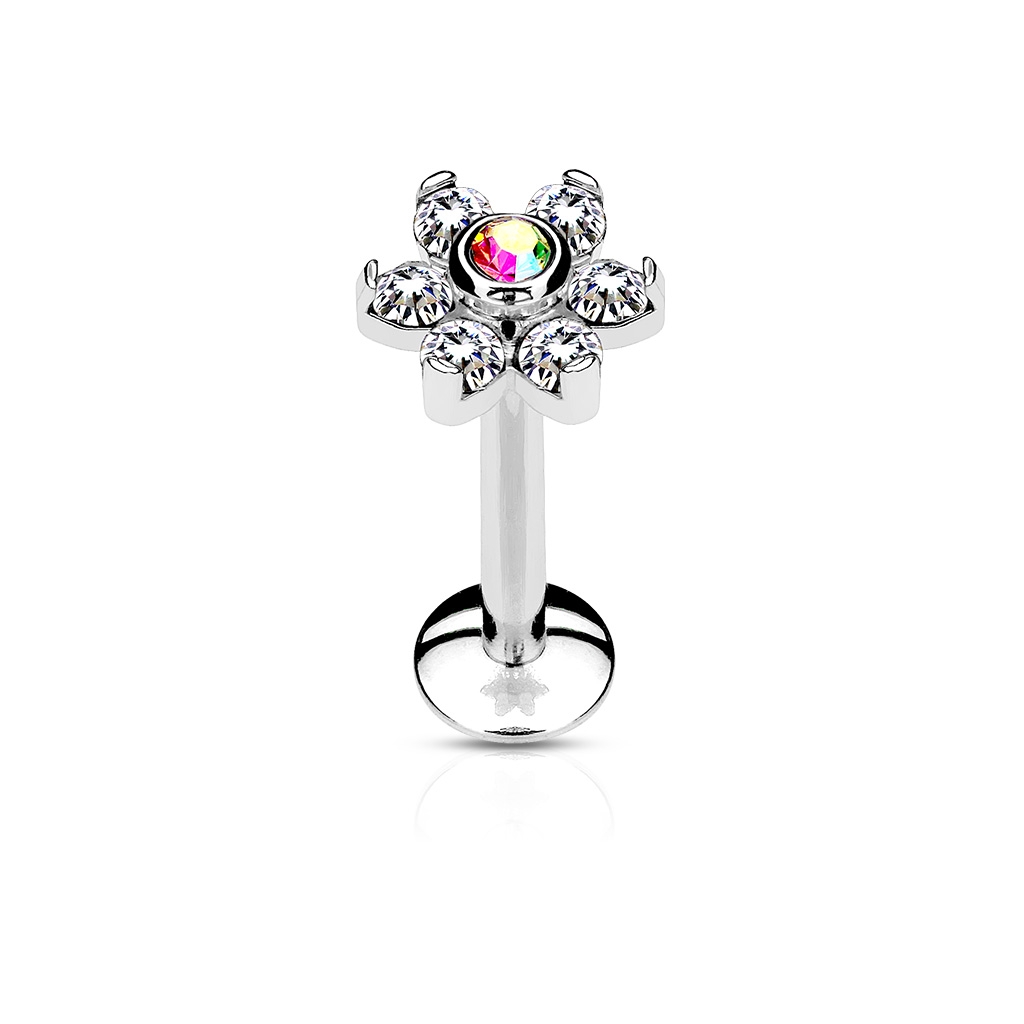 עגיל פירסינג טראגוס / הליקס / קונץ' / פלאט - פרח אופל וקריסטלים לבנים