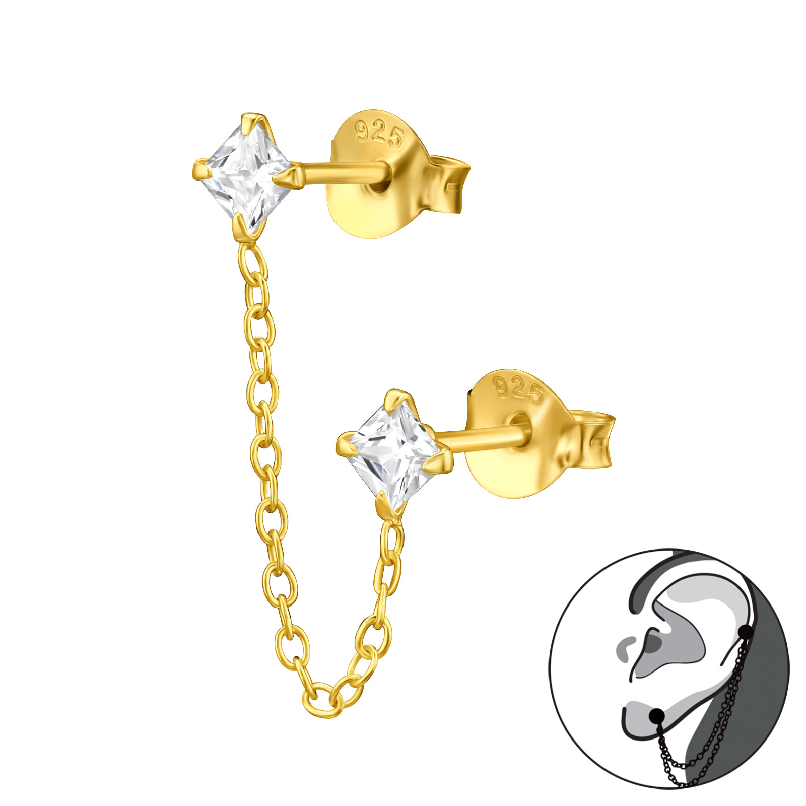 עגיל שרשרת מכסף 925 וציפוי זהב - 2 ריבועים זירקונים