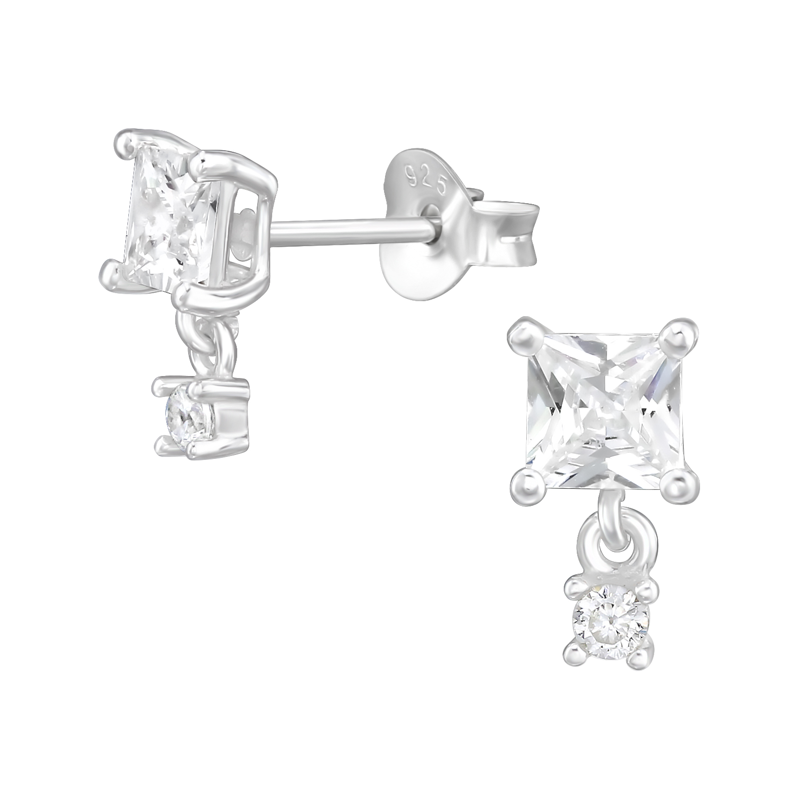 עגילים צמודים מכסף - זירקונים ריבוע ועיגול לבנים