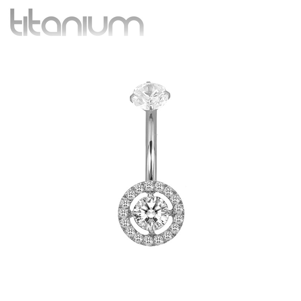 עגיל פירסינג בטבור מטיטניום – זרקוניה עיגול לבנה וקריסטלים לבנים